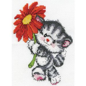Design Works Counted Cross Stitch Kit 5X7-Red Daisy Cat (14 Count) (Pack of 1)