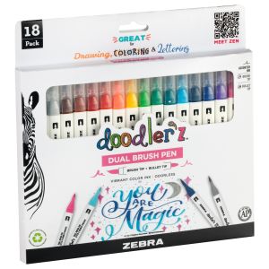 Zebra Doodlerz Dual Brush Pens 18/Pkg-Assorted (Pack of 1)