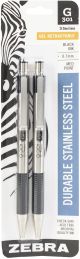 Zebra G301 Stainless Steel Gel Retractable Pen 2 Per Pkg Black Ink 0.7mm Medium Point