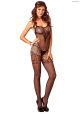 Womens Dual Net Bodystocking with Lace Bodice and Garter Detail Black One Size